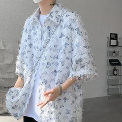 Threebooy Summer Butterfly Tassel Splice Shirt Men Loose Casual Floral Short Sleeve Shirts Women Oversize Streetwear Boy Girl Blouses