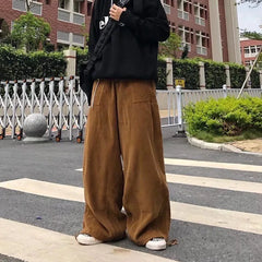 Threebooy Brown Black Corduroy Pants Men Fashion Retro Oversized Casual Pants Men Streetwear Loose Hip-hop Wide-leg Pants Mens Trousers