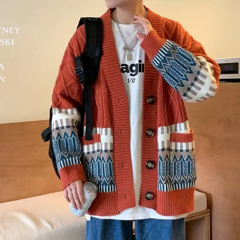 Threebooy  New Autumn and Winter Fashion Academy Style V-neck Printed Single Breasted Loose Casual Oversize Men's Sweater Cardigan