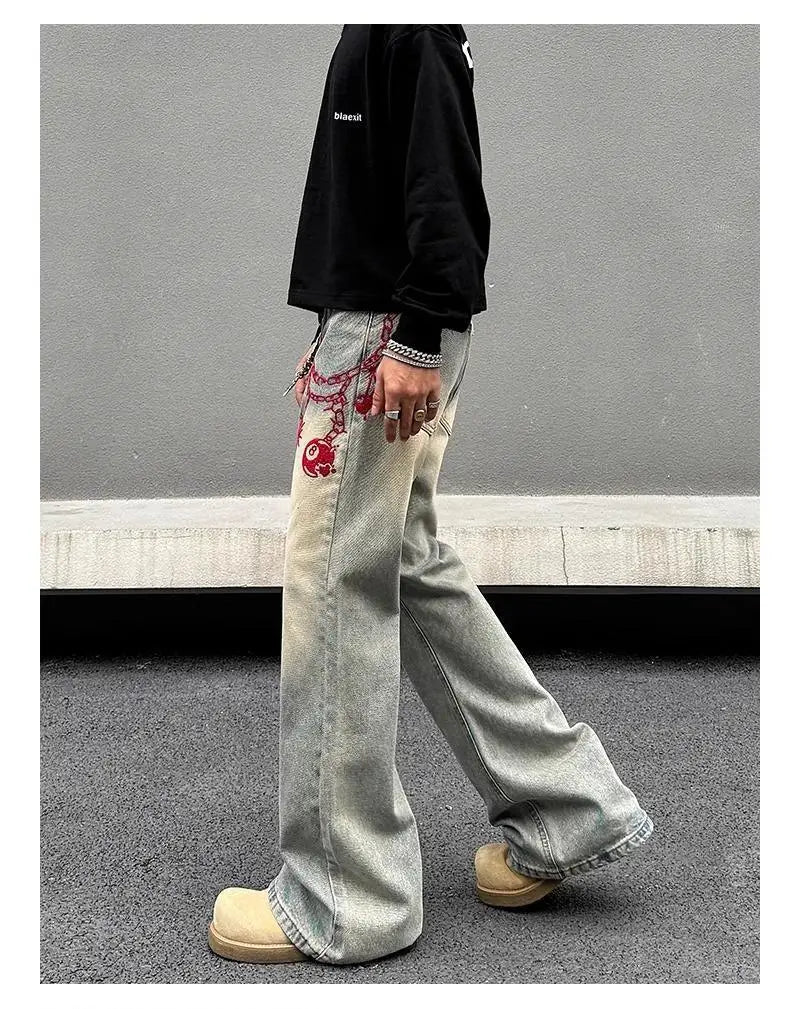 Threebooy American retro men and women trend personalized embroidered straight leg washed jeans couple spring and autumn casual pants y2k
