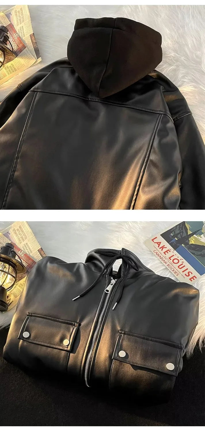 Threebooy Autumn and winter street style American men and women trendy personalized fake couple loose PU leather jacket casual top y2k