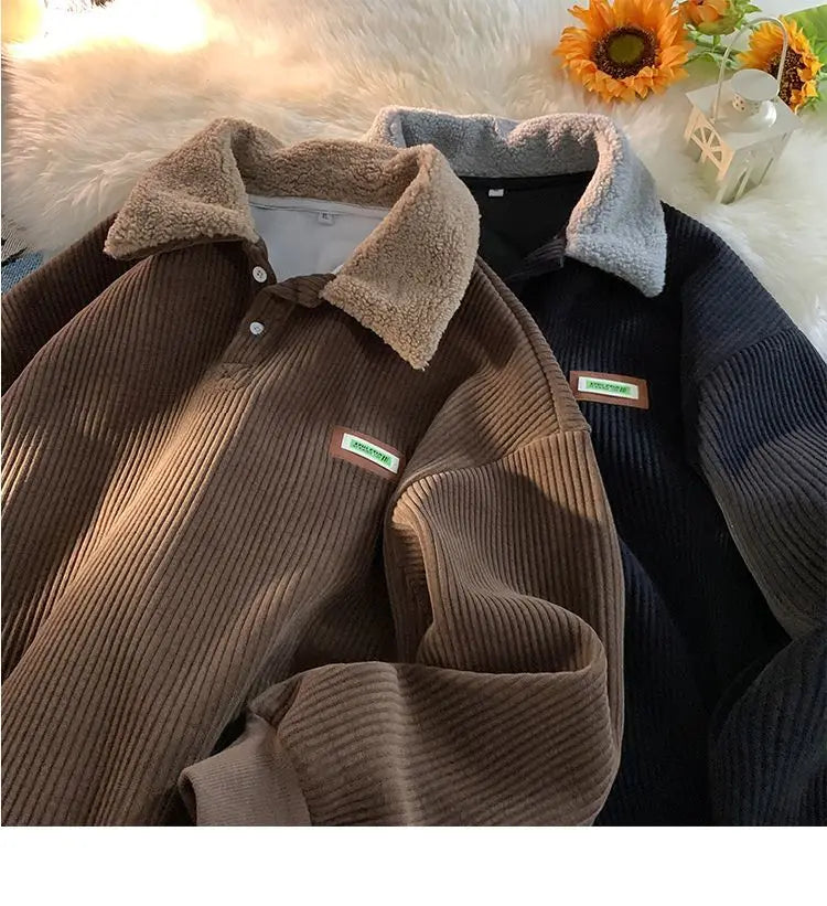 Threebooy Men's Corduroy Polo Shirt Sweater Women's Autumn Winter Fleece Thick Coat Turndown Collar Buttons Long Sleeves Warm Tops