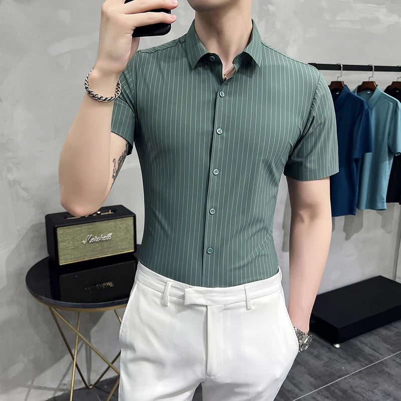 Threebooy  Top Quality Men's Summer Casual Short Sleeve Shirts/Male Slim Fit Business Office Stripe Casual Shirt Man Dress Shirts 4XL