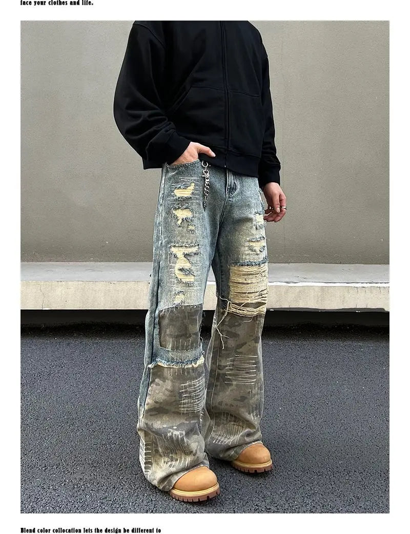 Threebooy American high street men and women trendy washed straight leg jeans for couples loose retro spring and autumn casual pants y2k