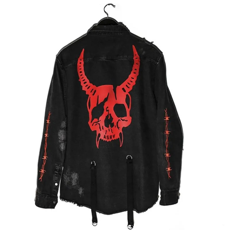 Threebooy Men'S Trendy Spring And Autumn Gothic Style Lapel Cardigan Jacket Denim Top Jacket Skull Long Sleeve Jacket