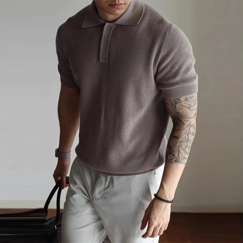 Threebooy  New Men's Clothing Light Luxury Business Polo Shirt Casual Slim-fit Knitted Solid Color Short Sleeve T-shirt High Quality Tops