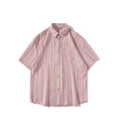 Threebooy Summer men Short Sleeve Shirt For Men Striped Loose Polos Lapel Shirts New unisex High Street Pocket Blouse Couple shirt