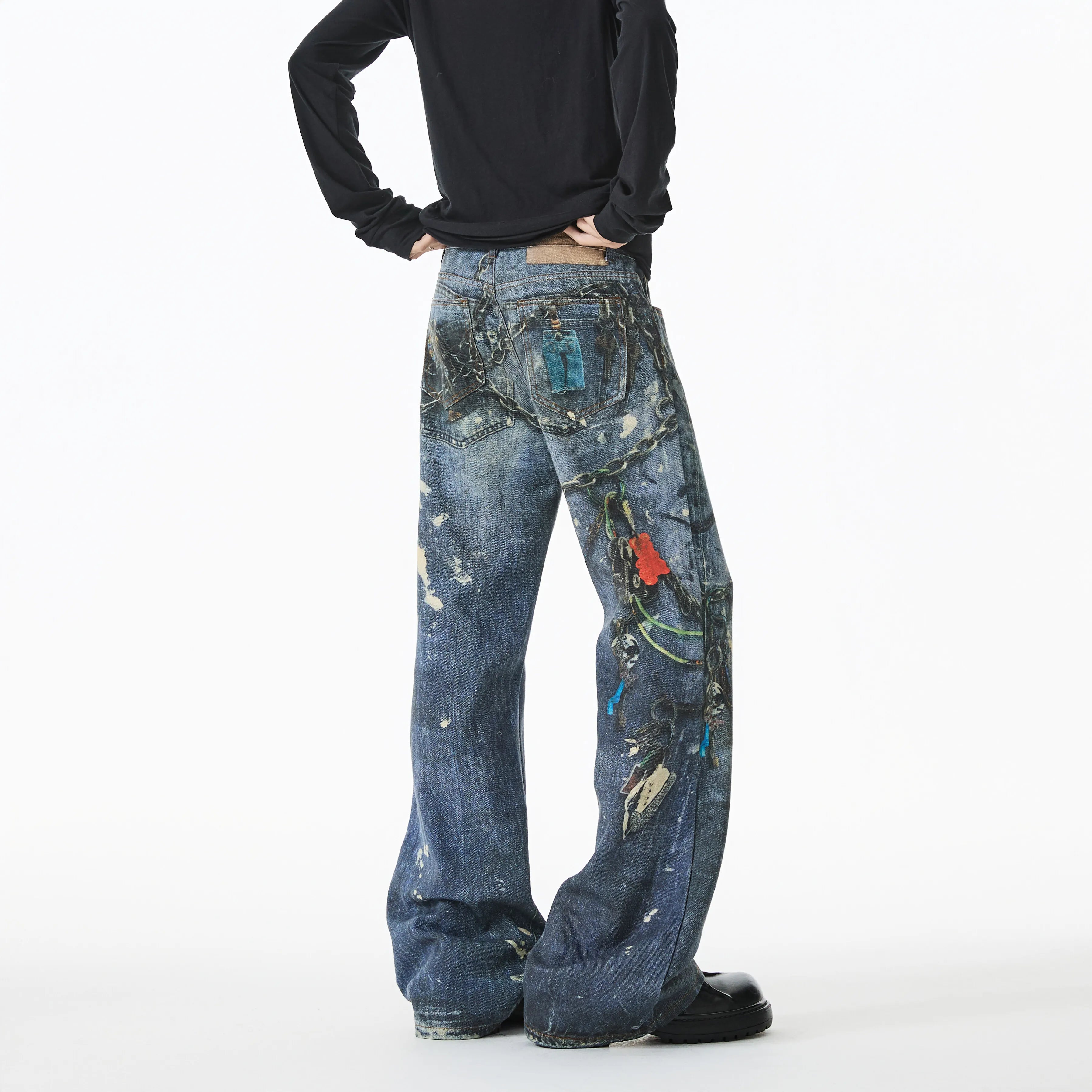 Threebooy Jean Men Unique Design Graffiti Street Style Drag Jeans Urban Trendy Fashion Distressed Long Fit Casual Denim Pants Edgy Hip Hop