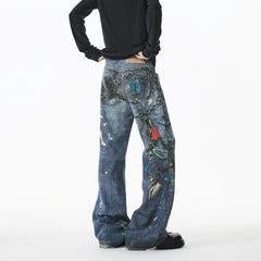 Threebooy Jean Men Unique Design Graffiti Street Style Drag Jeans Urban Trendy Fashion Distressed Long Fit Casual Denim Pants Edgy Hip Hop