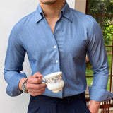 Threebooy British Style Casual All-match Solid Color Summer Shirt Trendy Denim Blue Business Formal Dress Shirt Long Sleeve Shirt Men