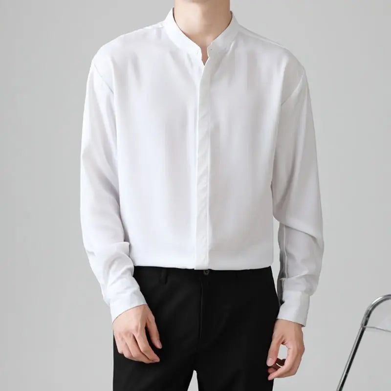 Threebooy  High-end Men's Stand Collar Tunic Suit Round Neck Shirt Men's Slim Small Collar Business