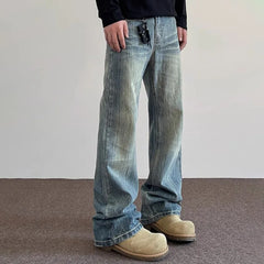 Threebooy Korean Fashion High Street Lightning Ripple Jeans Straight Leg Pants Four Season Classic High-Quality Micro Flared Pants