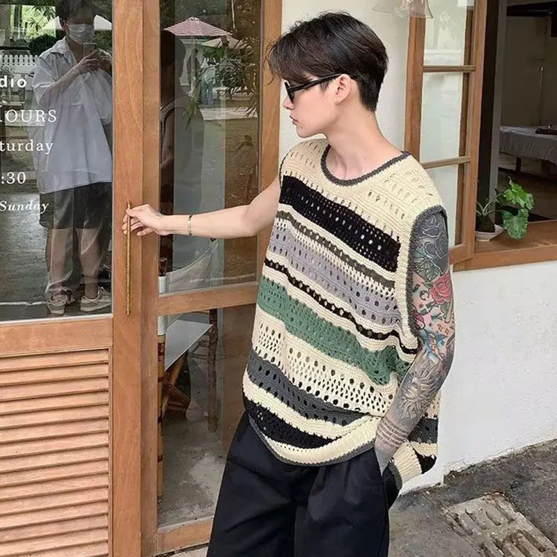 Threebooy  Elegant Fashion Harajuku Slim Fit Ropa Hombre Loose Casual All Match Knitwear Stripe Hollow Out Tshirts O Neck Sleeveless Vest