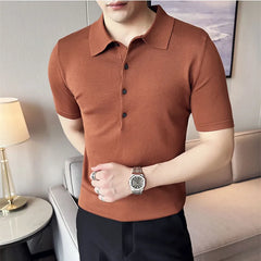 Threebooy New Trend Summer Men's Solid Color Simple Short-sleeved Polo Shirt British Slim Lapel Knitted Casual Slim Fit V-neck Polo Shirt