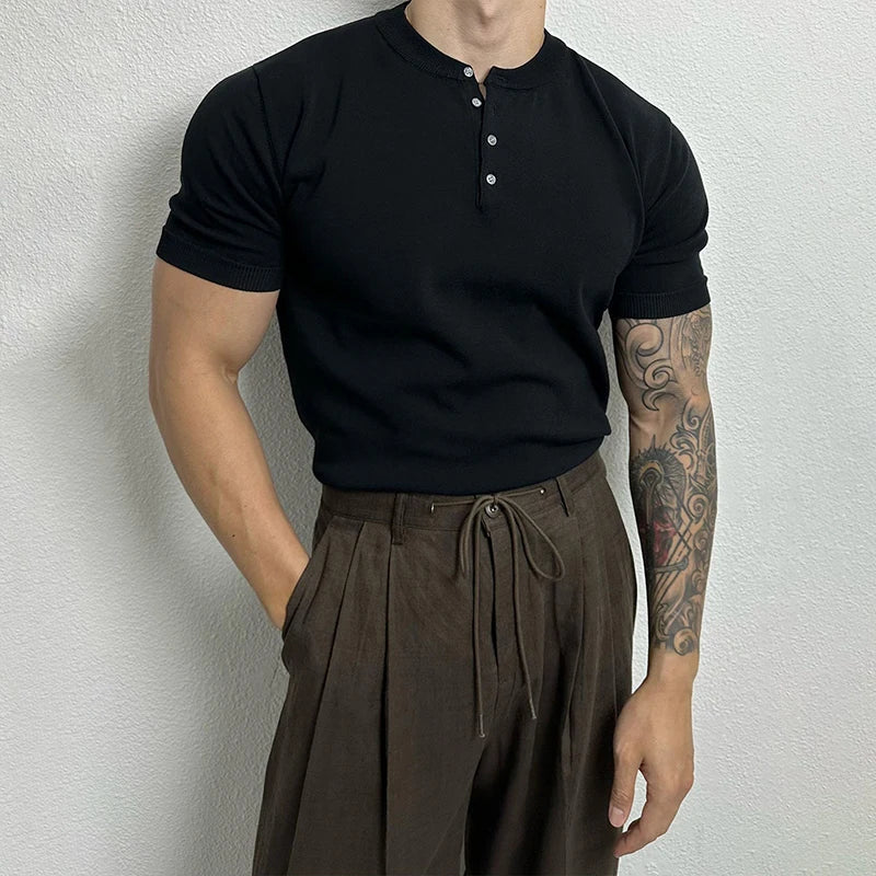 Threebooy  New Fashion Men Henry Collar T-Shirt Leisure Luxury Knit Short Sleeve Tops Korean Style Summer Stretchy Breathable Fitness Tees