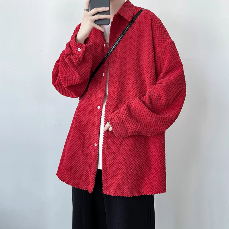Threebooy Pineapple Velvet Men's Casual Long Sleeve Button Shirt Coat Outwear Autumn Turn Down Collar Oversize Shirts Red/Black/Dark Gray
