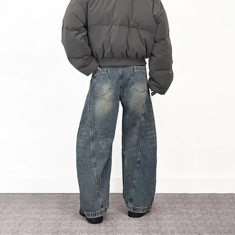 Threebooy Wide Leg Curved Jeans Mens Washed Distressed Retro High Street Loose Denim Pants Baggy Trousers Y2K Men Straight Spliced Jeans