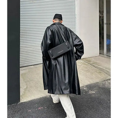 Threebooy 2025 Spring Pu Leather Jacket Men's Mid-length American Retro Long Jacket Lapel Button Coat Trendy Cityboy Windbreaker