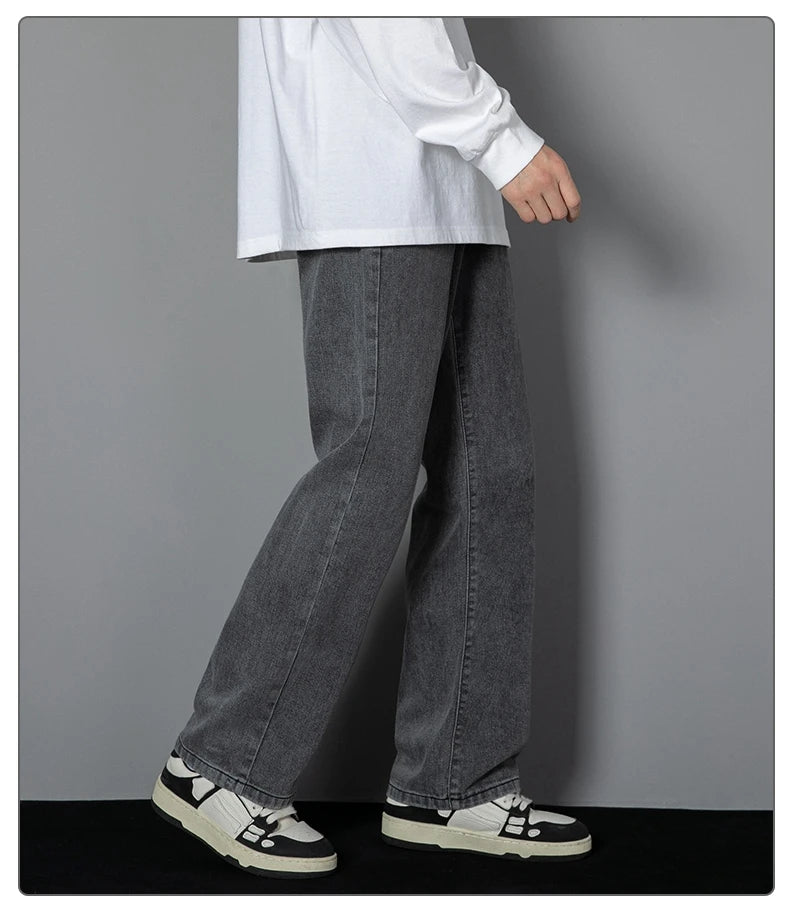 Threebooy 2025 New Korean Men's Casual Long Jeans Classic Man Straight Denim Wide-leg Pants Solid Color Light Blue Grey Black