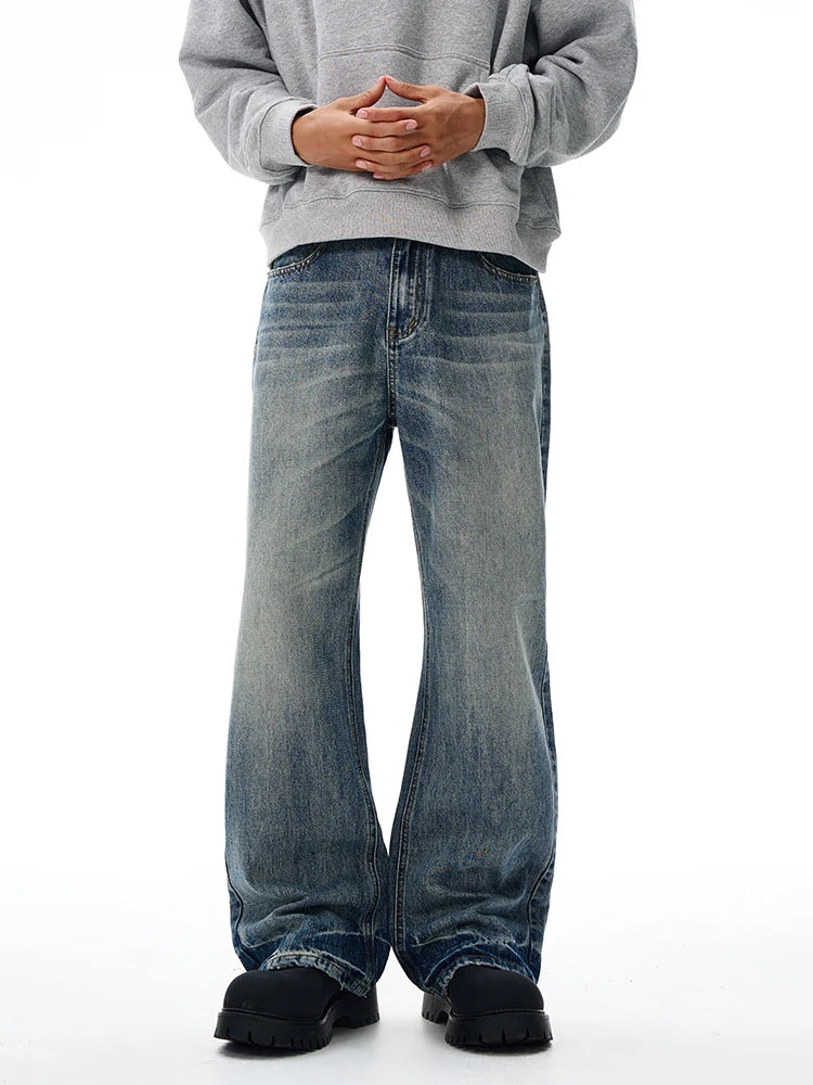 Threebooy Vintage Wash Men's Loose Jeans American Cleanfit High Street Micro Flared Trousers Autumn Fashion Casual Wide-leg Denim Pants