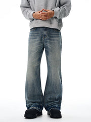 Threebooy Vintage Wash Men's Loose Jeans American Cleanfit High Street Micro Flared Trousers Autumn Fashion Casual Wide-leg Denim Pants