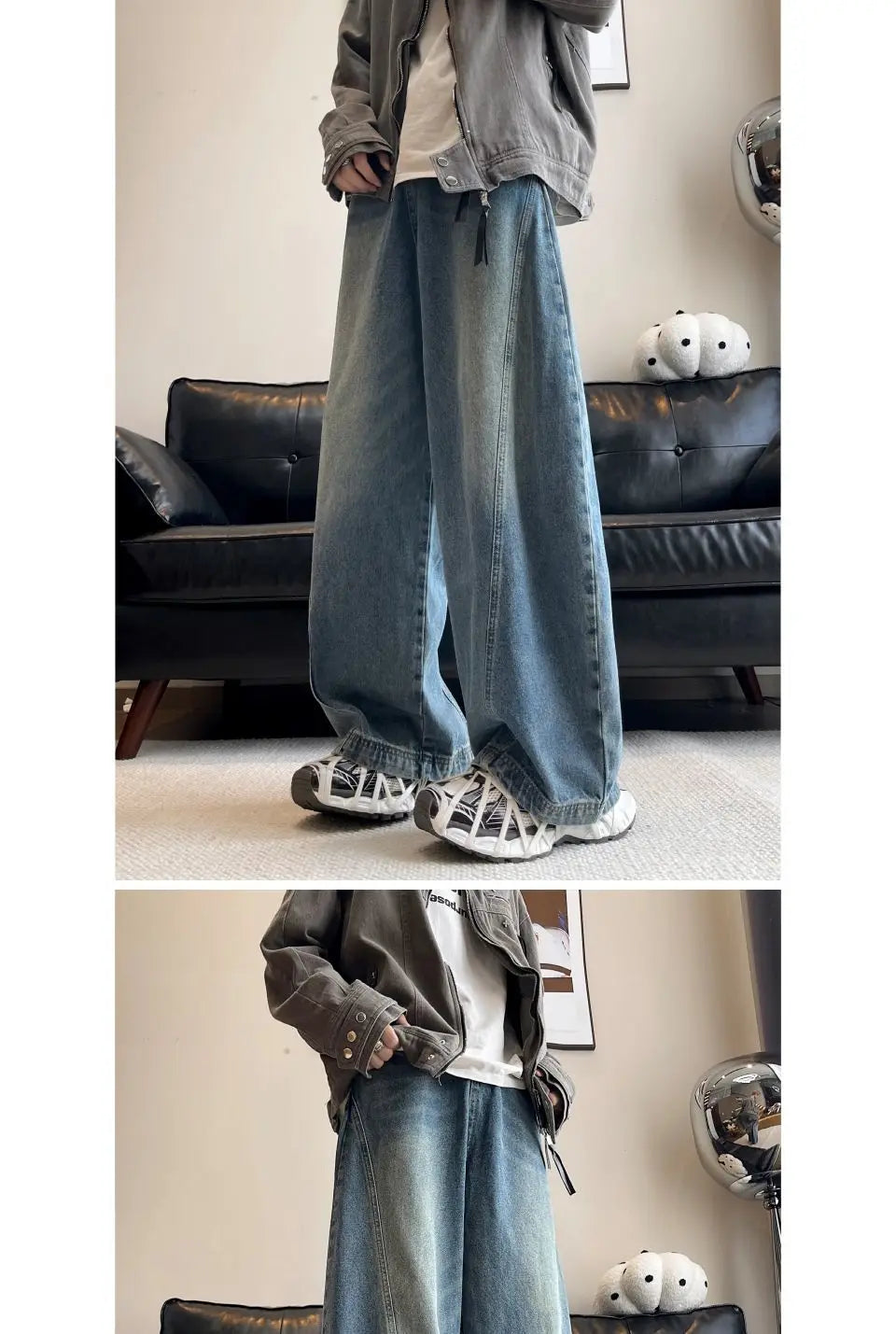 Threebooy American style personality trend men and women straight leg spring and autumn washed jeans couple loose retro casual pants y2k
