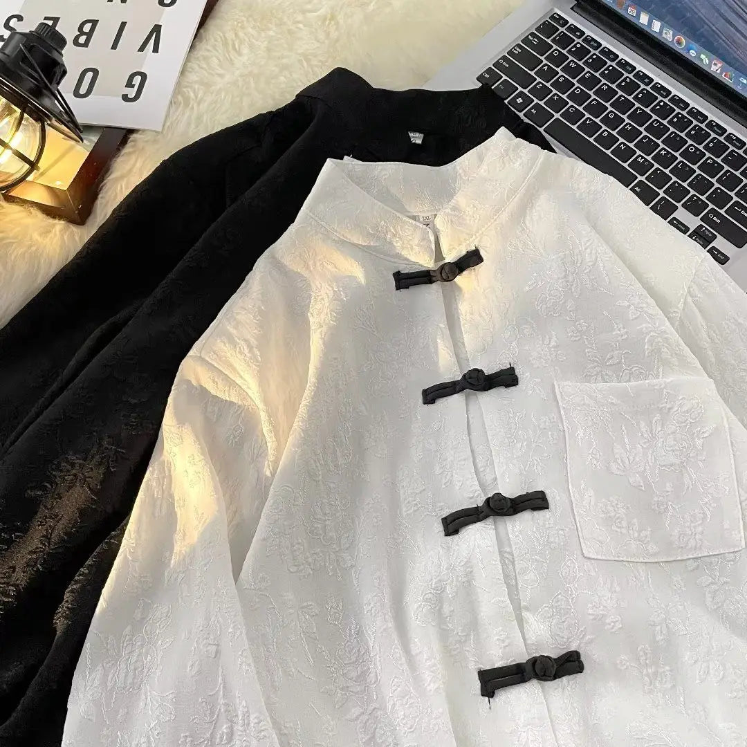 Threebooy Chinese Style Blouse Buckle Stand Collar Shirt Korean 2025 Summer New Trend Embroidered Pattern Vintage Shirt Jacket