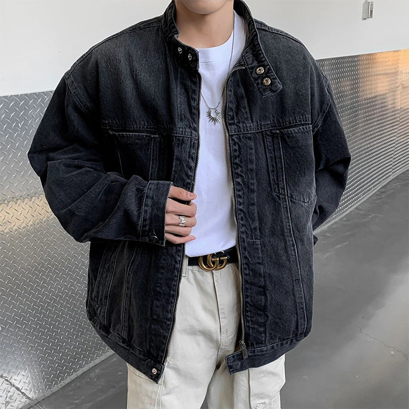 Threebooy  New High Street Men's Zip-up Denim Jackets Casual Washed Streetwear Stand Collar Texture Korean Harajuku Retro Long Sleeve Coats