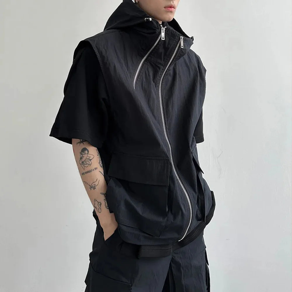 Threebooy Men Cargo Hooded Vest Summer Zipper Sleeveless Tops Male Korean Streetwear Hip Hop Unisex Hoodie Coat Fashion Waistcoat Jacket