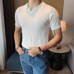 Threebooy Summer Men’s Luxury Clothing V-neck Knit Polo Shirt Casual Striped Solid Short Sleeve T-shirt Breathable Slim Fashion Knitwear