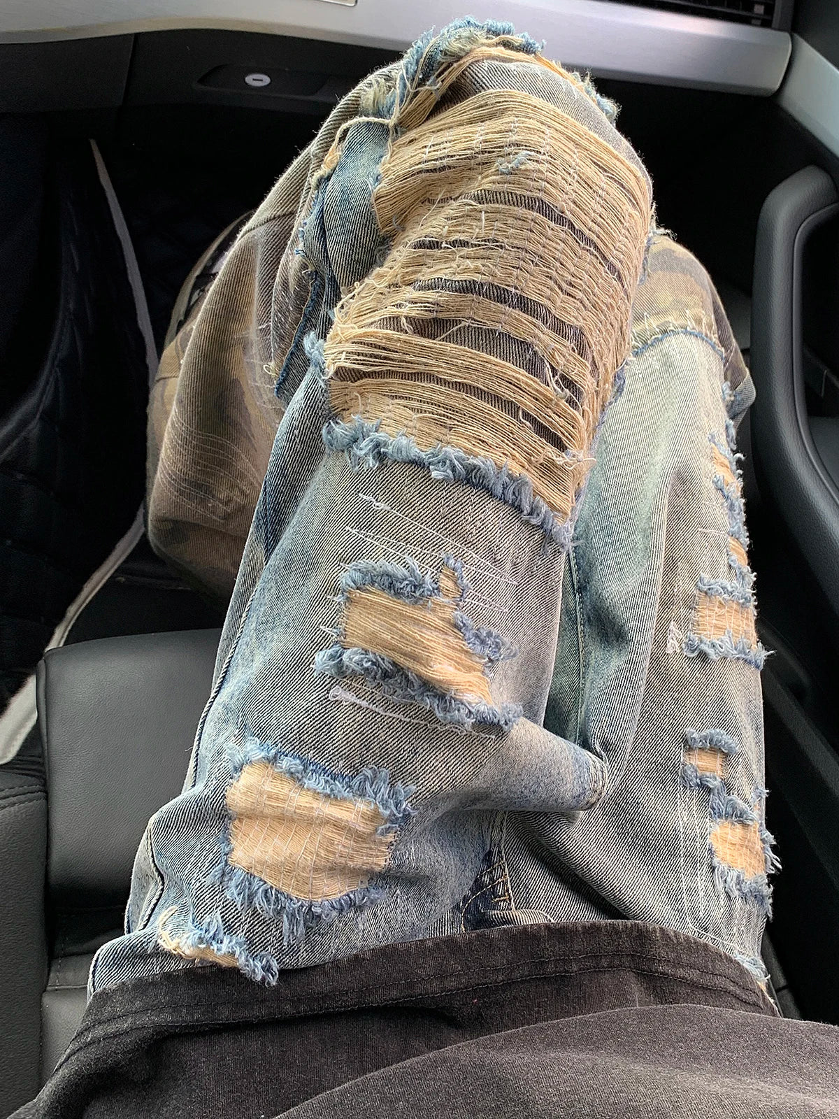 Threebooy High Street Denim Pants Camouflage Spliced Micro Flare Jeans Unisex Hip Hop Straight-Ripped Breasted Punk Trousers