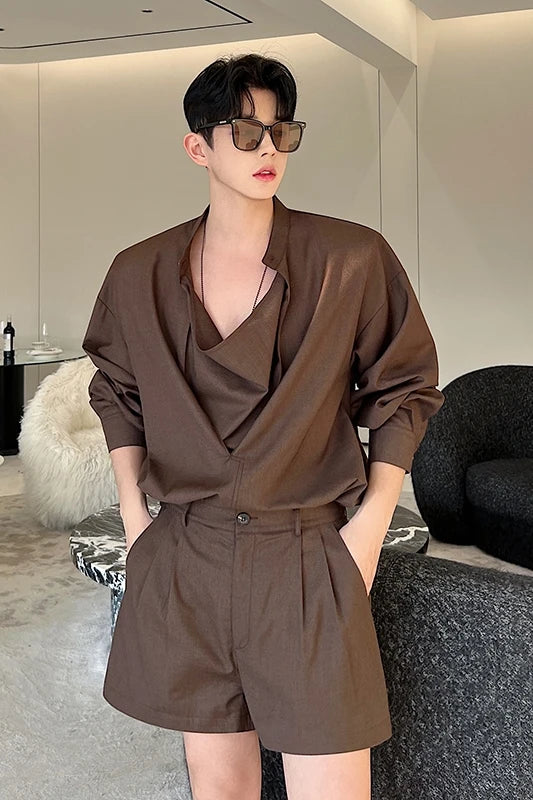 Threebooy Korea Fashion Spring Male Casual Casual Set Solid Color Personality Lapel Short Sleeve Men's Short Pants Top 2-piece set