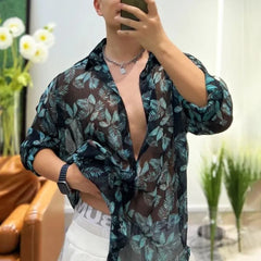 Threebooy Mens Sexy Floral Mesh See-Through Casual Long-Sleeved Shirt Genderless Fashion Versatile Personalized Lightweight Top Unisex