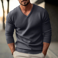 Threebooy  Autumn Winter Men's Knit Pullovers Solid Color V-Neck Slim Fit Long Sleeve Knitted Sweater Men Fashion Casual Pullover Sweaters