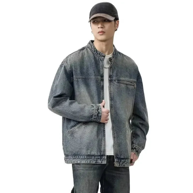 Threebooy Vintage Denim Jacket Men's Loose-Fit High-End Feel American Style Distressed Washing For Autumn Trendy Workwear