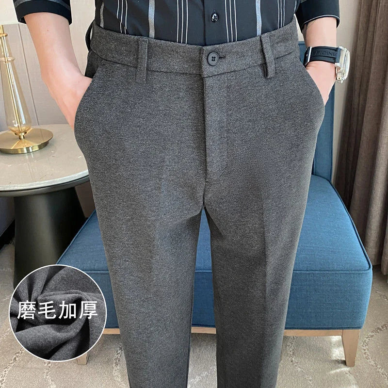 Threebooy Mens Suit Pants Autumn And Winter Thick Brushed Woolen Loose Slim Solid Color Trend Casual Business Small Foot Trousers Oversize