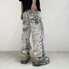 Threebooy 2024Men Graffiti Print Streetwear Fashion Hip Hop Loose Casual Wide Leg Denim Baggy Jeans Pants Man StraightJeans Trousers XXL