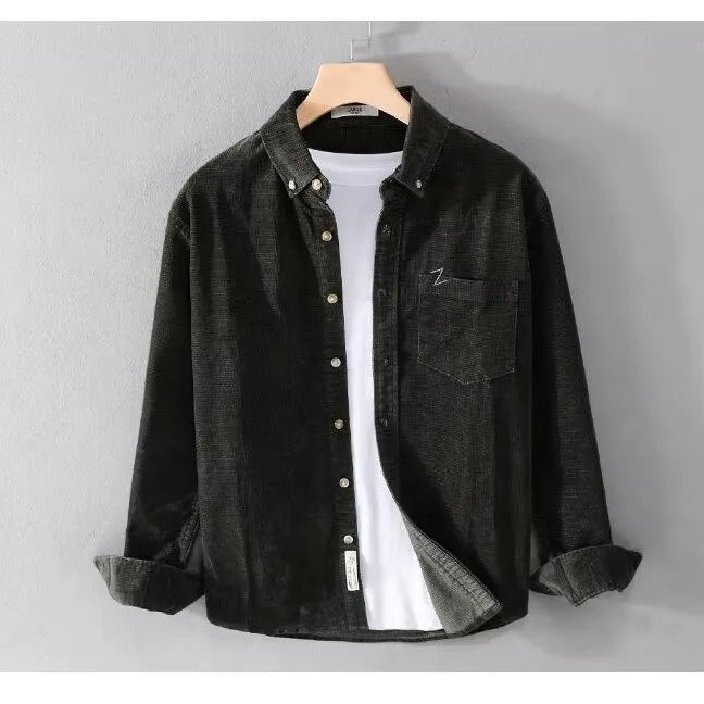 Threebooy Autumn Winter Casual Loose Corduroy Jacket For Men Elegant Business Work Turn Collar Long Sleeve Shirts For Men