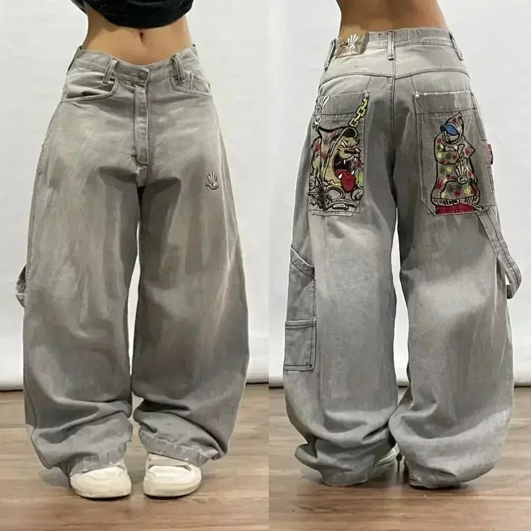 Threebooy Y2K New Line Embroidered Red Denim Mid Pants American Retro Gothic Jeans Men Street Hip Hop Harajuku Punk Loose Wide Legs Shorts