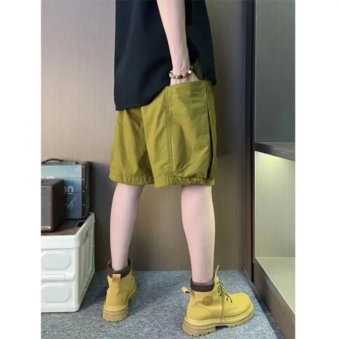 Threebooy Summer Men's Work Shorts Casual Versatile Loose Breathable Five-point Pants American Straight-leg Retro Simple Solid Color Pants