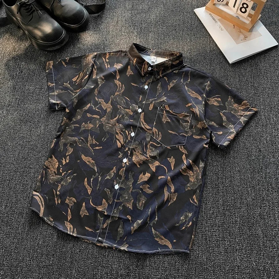 Threebooy  Men Summer Ice Silk Printed Short Sleeve Shirt Breathable Casual Button-Down Top Abstract Floral Pattern Shirts