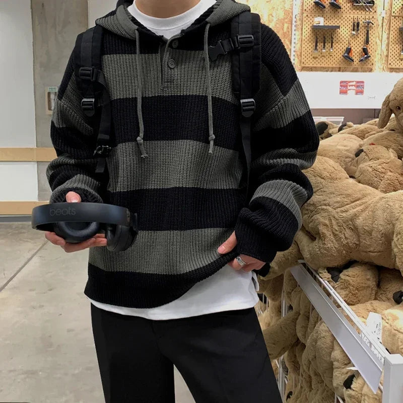 Threebooy Fashion Striped Sweater Men's Autumn Korean Version New Loose Trend Lazy Style Retro Hooded Pullover Sweater Jacket Chic