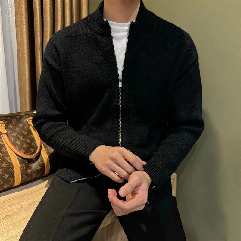 Threebooy  Japanese Stand Collar Men Cardigan Jacket Light Luxury Trendy Knitted Zip-up Long Sleeve Sweater Coat Premium Quality Knitwear