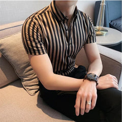 Threebooy Men's Summer Casual Short-Sleeved Shirts/Male Slim Fit Stripe Fashion Lapel Business Dress Shirts Tops Plus Size S-4XL