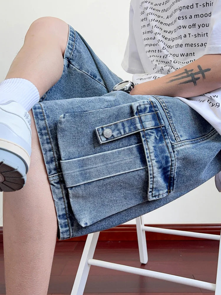Threebooy  Summer Denim Cargo Shorts Men Flap Pockets Wide Leg Baggy Jeans Shorts Big Size 8XL 7XL 6XL Loose Fit Straight Jean Short Male