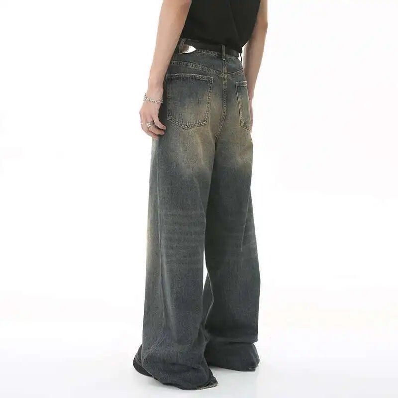 Threebooy  Men's Vintage Jeans Fashion Washed Street Casual Wide Leg Denim Pants Summer Distressed Loose Male Versatile Trousers