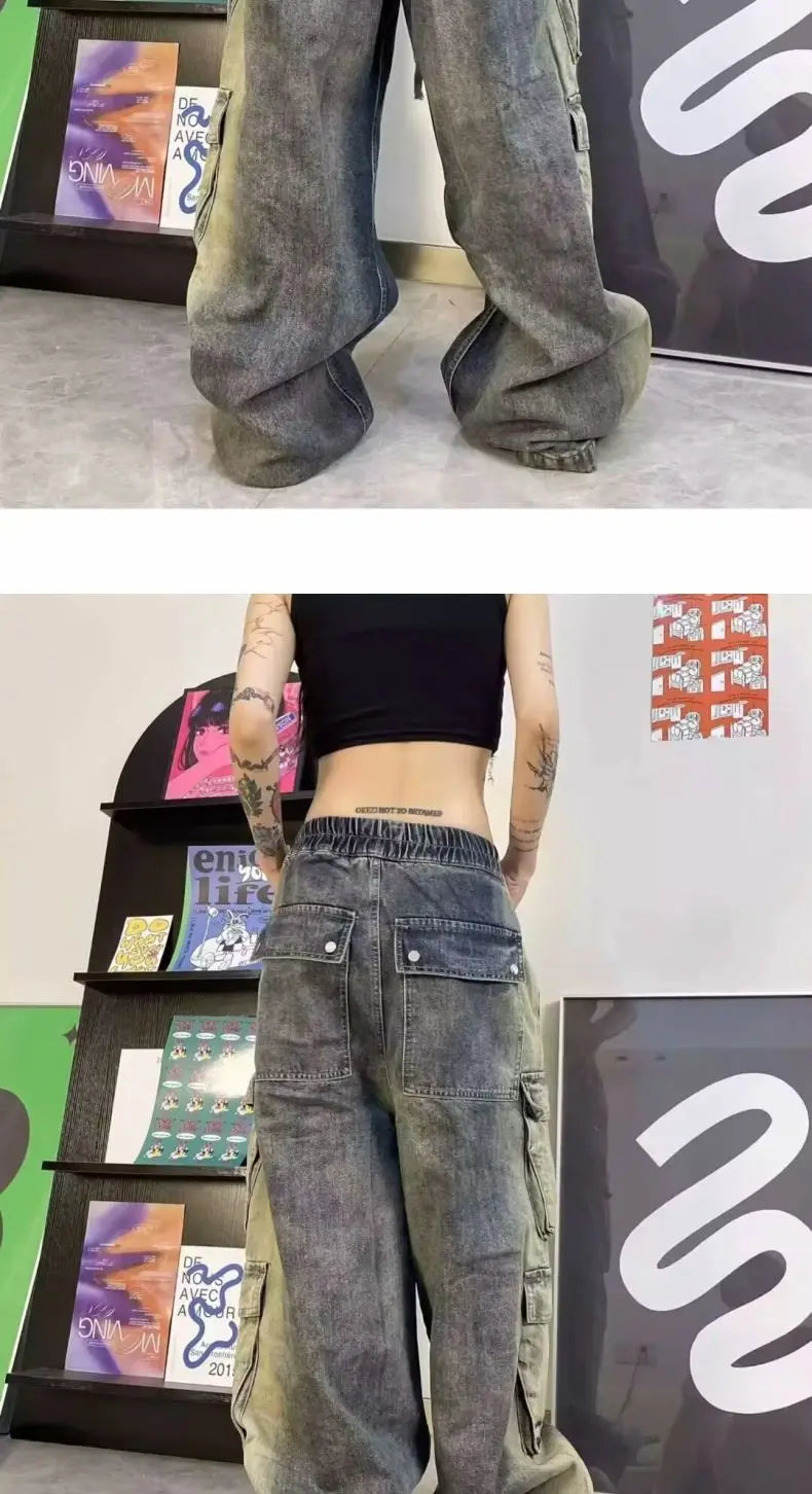 Threebooy Street men and women trendy and personalized hip-hop straight leg washed gradient jeans for couples loose casual Harajuku pants