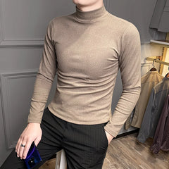 Threebooy Casual Men High Quality Spring and Autumn Solid Color Half A Turtleneck Long Sleeve Slim Base Shirt Men's Double-Faced Pile