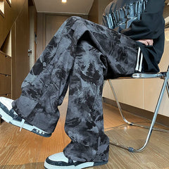 Threebooy Korean Style Tie-dye Print Casual Pants Black Mopping Trousers Men Autumn Fashion Streetwear Pants Unisex Plus Size 5XL-M