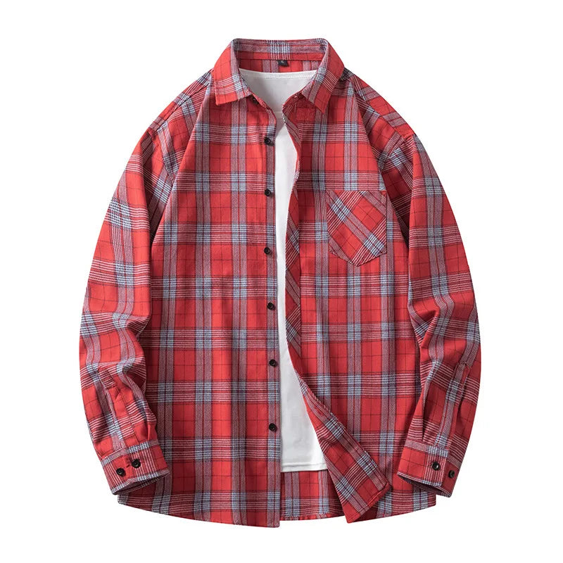 Threebooy Men's Spring Autumn Casual Loose Long Sleeved Shirt Couples Elegant Business Work Plaid Jacket